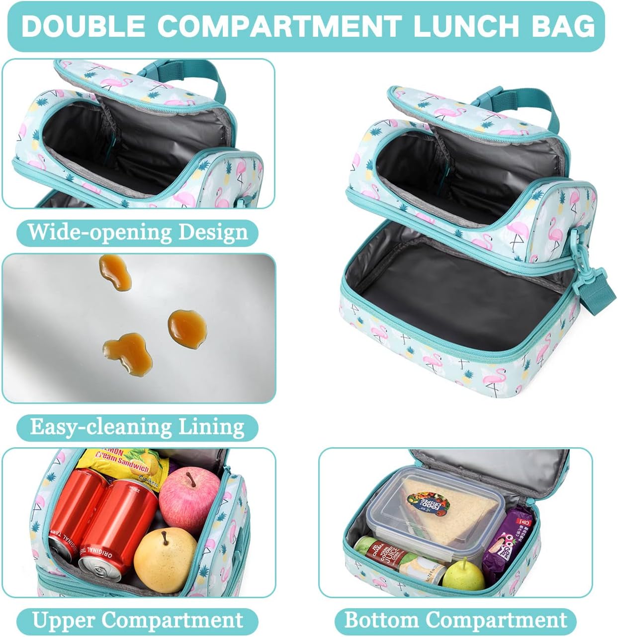 VASCHY Lunch Box Bag Men, Insulated Two Compartments Bento Cooler Bags for Adults/Women/Kids for School,Daycare,Kindergarten,Picnic Black