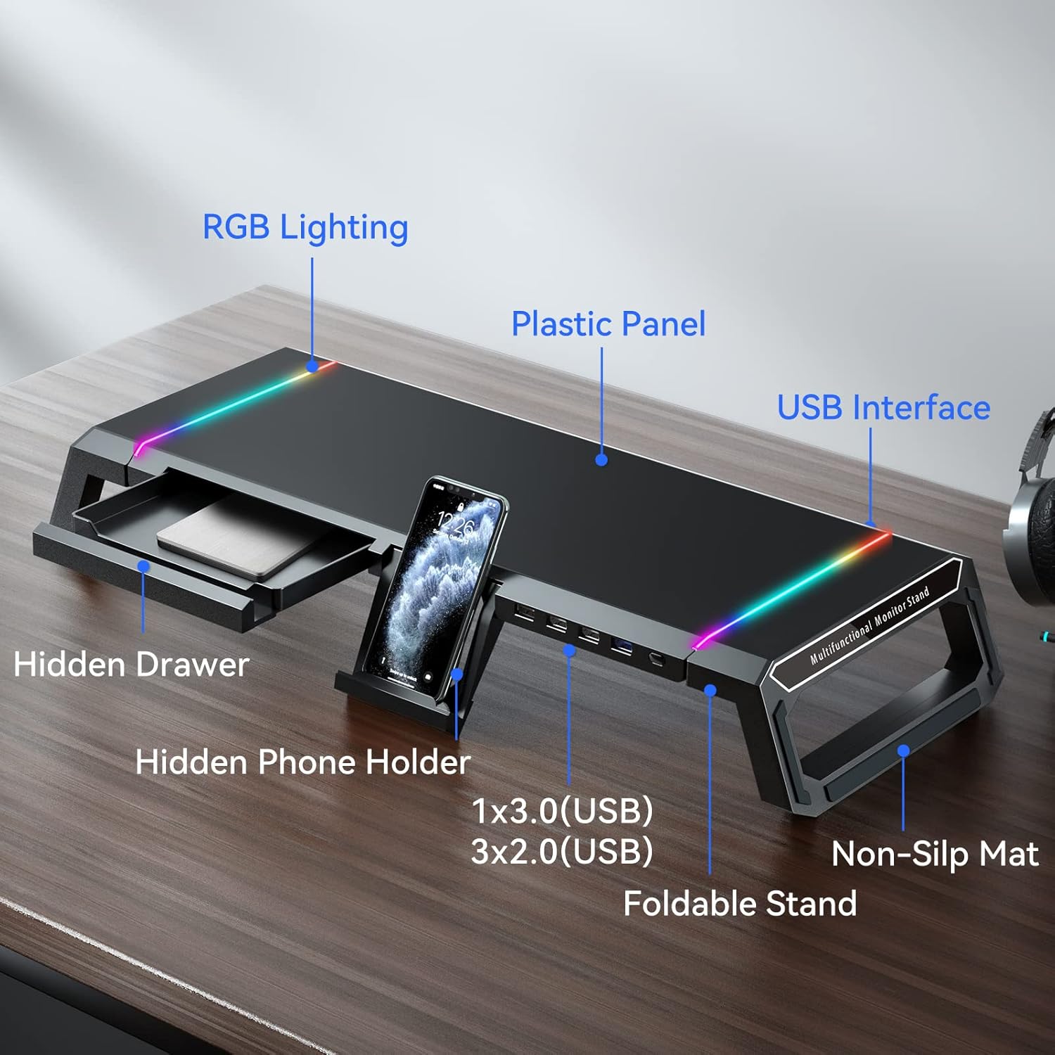RGB Monitor Stand Riser with USB Hub, Adjustable Computer Monitor Stand with Storage Drawer and Phone Holder, Ergonomic Desktop Screen Riser for Office and Gaming Setup - PuriLite