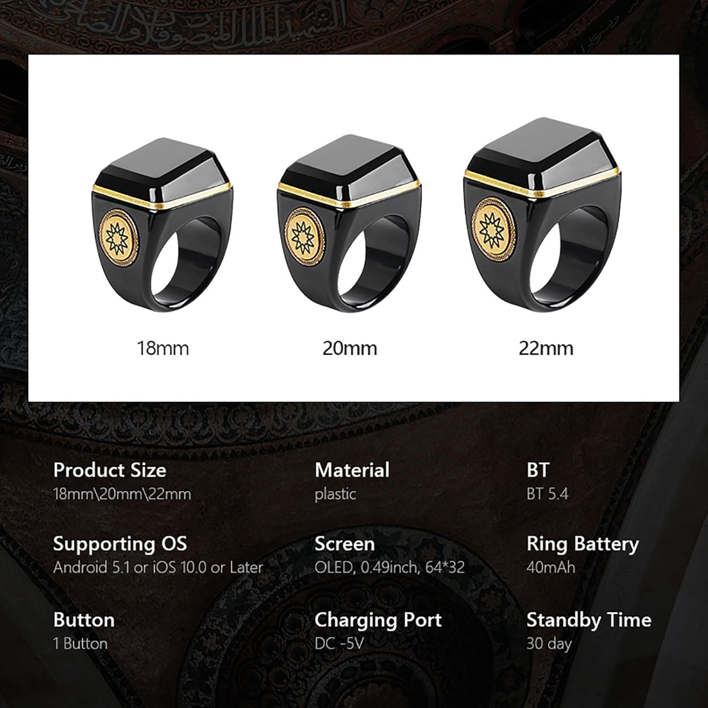 Yuentoen Smart Tasbih Ring, Muslim Digital Ring with 0.49in Display,Tasbih Tally Clicker Finger Counter,Prayer Time Vibration Remind, Counter Prayer Reminder (Color:Black, Size:22mm)