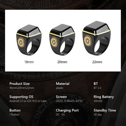 Yuentoen Smart Tasbih Ring, Muslim Digital Ring with 0.49in Display,Tasbih Tally Clicker Finger Counter,Prayer Time Vibration Remind, Counter Prayer Reminder (Color:Black, Size:22mm)