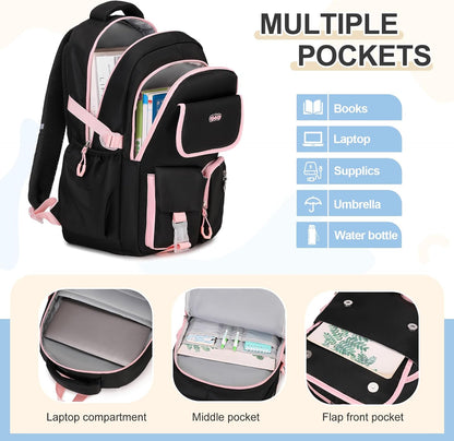 3PCS School Backpack for Girls with Lunch Box Pencil Pouch for Teen Girls Children Elementary Primary Middle High College Daypack School bag Bookbag Set Pink