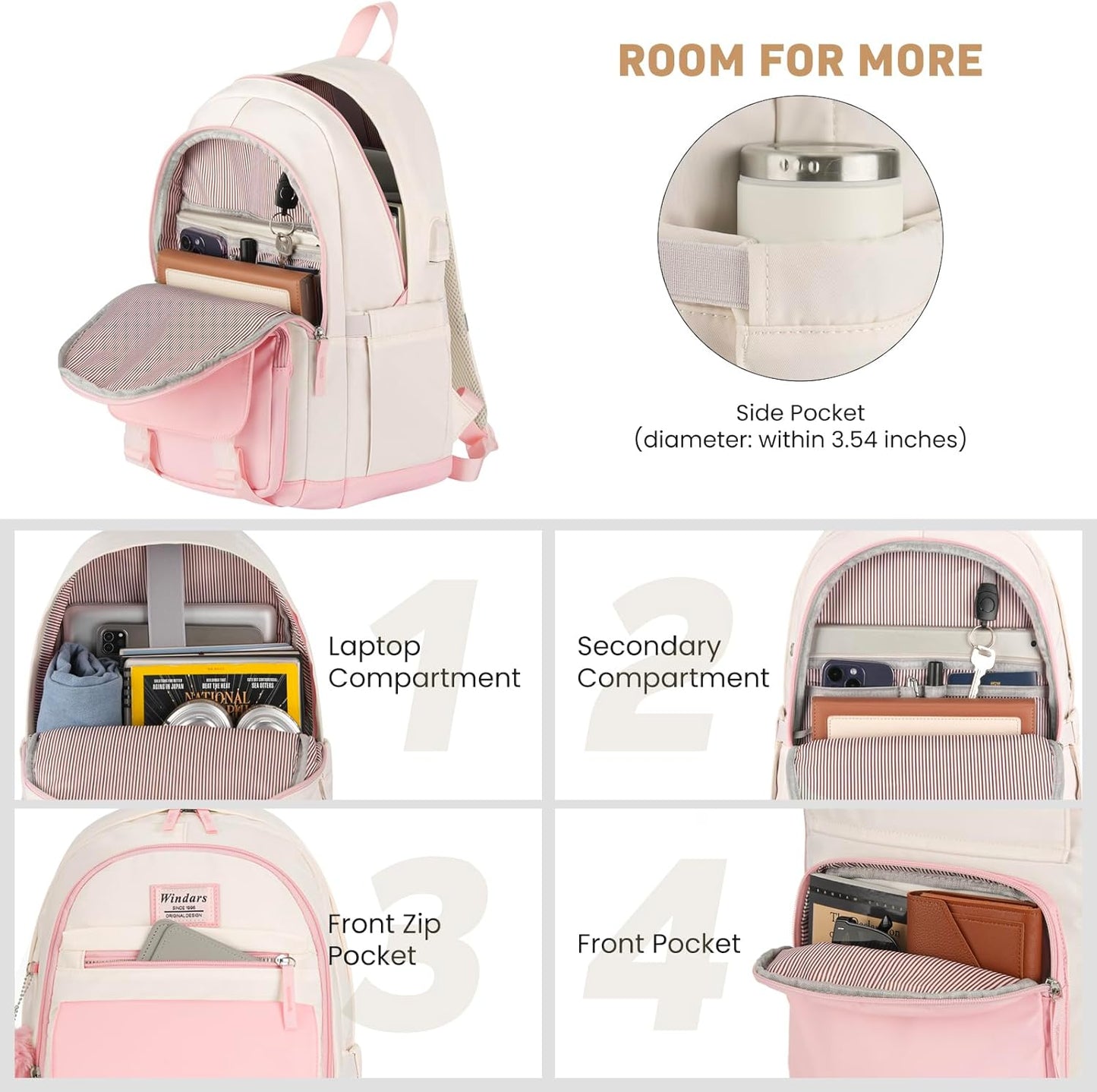 WINDARS School Backpack for Teen Girls, Cute College Backpacks for Women Students Aesthetic Bookbag Large 15.6 Inch Laptop Bag Middle School Travel Back Pack (Khaki Beige)