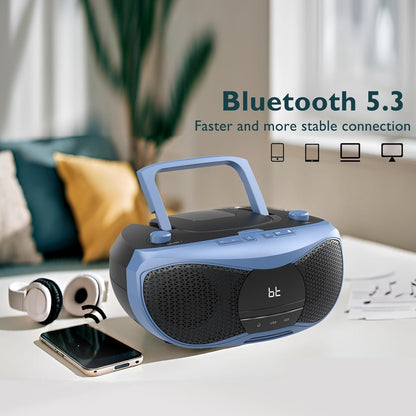 LONPOO Portable CD Player | Stereo Bluetooth Boombox | FM Radio Turn Knob | Auto Lid Open Button | Big LCD Display | Concealed Ports of USB/AUX/Earphone | Rear Power Protection Button (LP-D12)