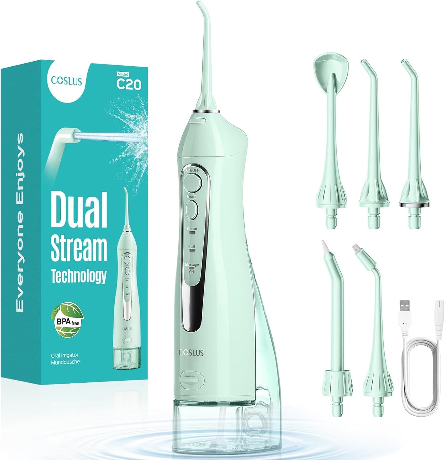 COSLUS Water Teeth Flosser: 300ML Cordless Electric Water Tooth Flossing Rechargeable IPX7 Waterproof Portable Travel Flossers Set for Teeth