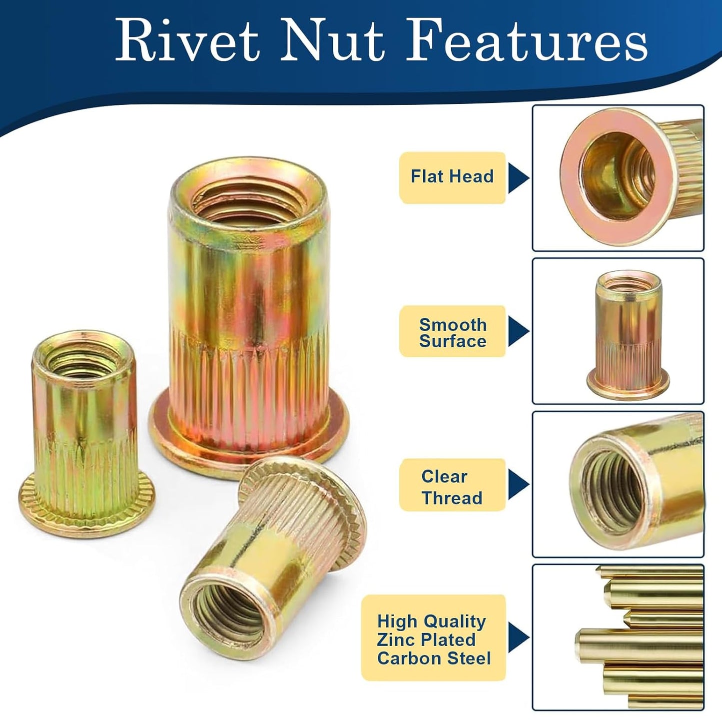 Vifmy Metric & SAE Rivet Nut Assortment Kit(420 Pcs),m3 m4 m5 m6 m8 m10 m12#6-32#8-32#10-24 1/4"-20 5/16"-18 3/8"-16 UNC Flat Head Rivnut Set,Zinc Plated Finish Carbon Steel Nutsert