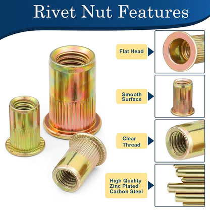 Vifmy Metric & SAE Rivet Nut Assortment Kit(420 Pcs),m3 m4 m5 m6 m8 m10 m12#6-32#8-32#10-24 1/4"-20 5/16"-18 3/8"-16 UNC Flat Head Rivnut Set,Zinc Plated Finish Carbon Steel Nutsert