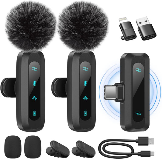 Wireless Lavalier Microphone for iPhone, iPad, Android Phone，2-Pack Mini Microphone with Noise Reduction, Auto Pairing and Mute & Reverb for Vlogging, Video Recording, TikTok, YouTube - Plug & Play