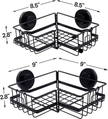 LEVERLOC Shower Caddy Suction Cup, 2 Pack Black Shower Shelf with Hooks and Soap Holder, NO-Drilling Bathroom Organizer, Rustproof Metal Bathroom Storage and Organization
