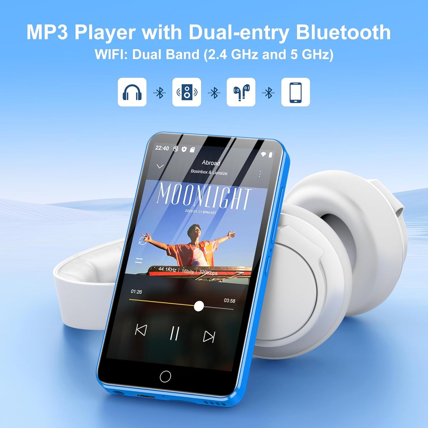 80GB MP3 Player with Bluetooth and WiFi, 4-inch Touch Screen MP3 Player with Bluetooth ， with Spotify, SpotifyKids, Audible, Andora, Amazon Player, MP4&MP3 Player up to 1TB Black