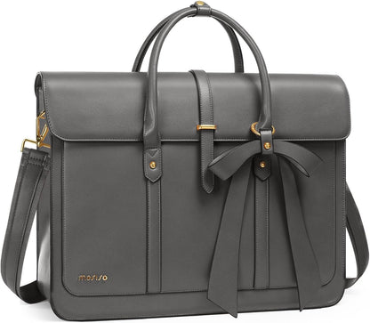MOSISO Laptop Bag for Women, PU Leather Laptop Shoulder Bag Convertible Backpack, Work Travel Computer Bag with Bowknot - PuriLite