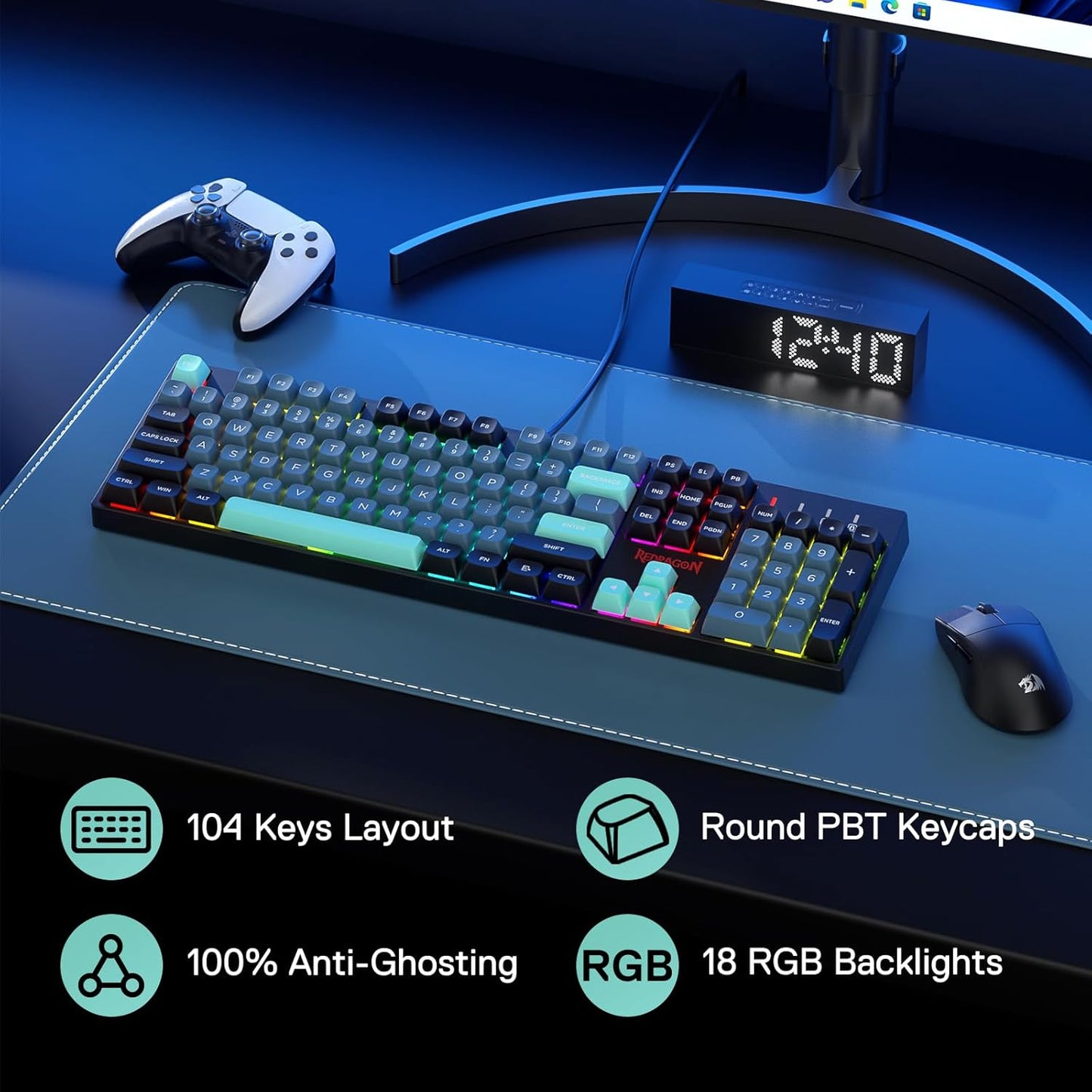 Redragon K582 SE Wired RGB Gaming Keyboard, 104 Keys Mechanical Keyboard w/Upgraded Hot-swappable Socket, Noise Dampening Kit, Mixed Color PBT Keycaps, Linear Red Switch