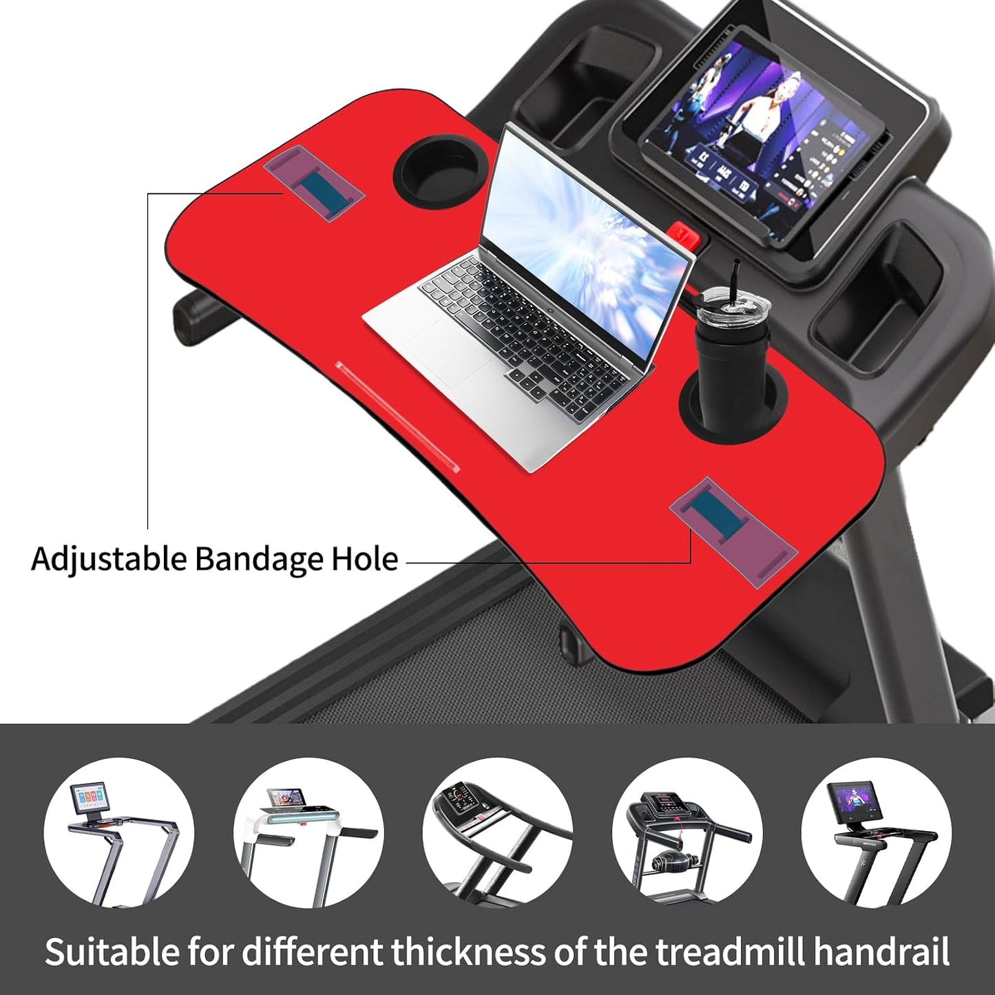 Universal Treadmill Desk Attachment Laptop Holder Ergonomic Platform Tray with Cup Tablet Holder Cooling Holes Provide Good Ventilation, Laptop Stand for Treadmill (Black)