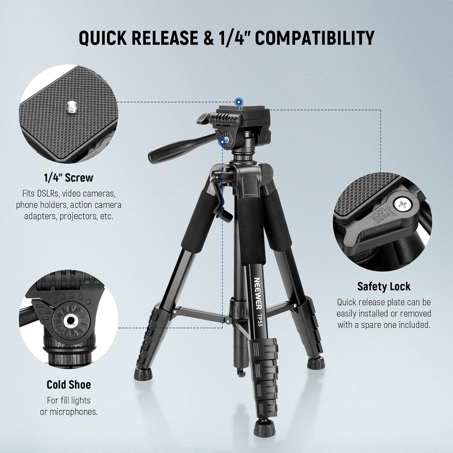 NEEWER BASICS Camera Tripod, 71'' Tripod with Cell Phone Holder Mount Compatible with iPhone for Video Recording, Professional Aluminum Lightweight Portable Travel Stand with 3 Way Pan Tilt Head, TP55