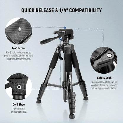 NEEWER BASICS Camera Tripod, 71'' Tripod with Cell Phone Holder Mount Compatible with iPhone for Video Recording, Professional Aluminum Lightweight Portable Travel Stand with 3 Way Pan Tilt Head, TP55