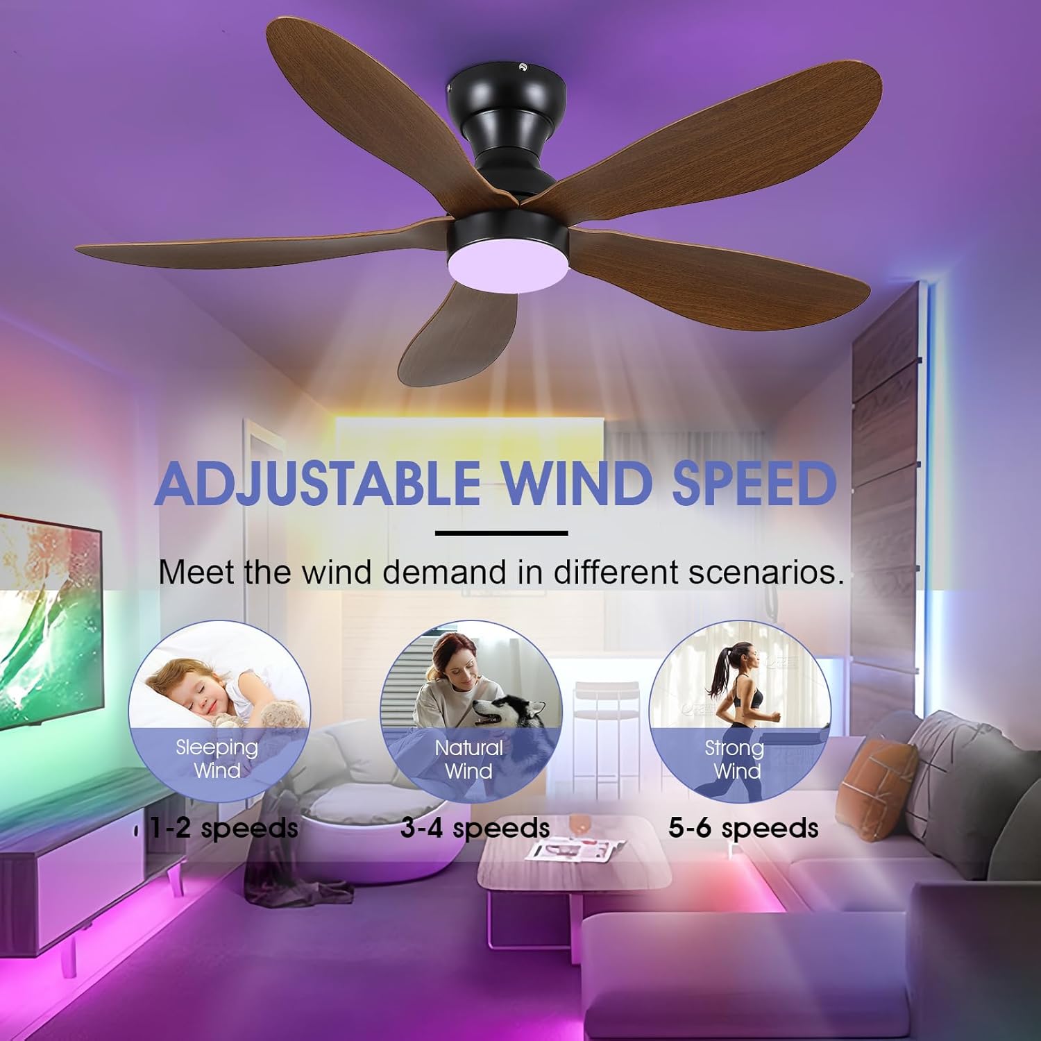 Modern Ceiling Fans with Lights Remote/APP Control, 29" Flush Mount Ceiling Fans with 3 CCT Dimmable Lights, Low Profile Ceiling Fans with 5 Propeller Blades LED Lights for Kids Room Bedroom, Brown - PuriLite