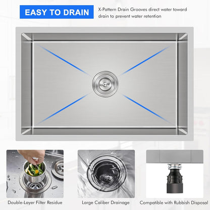 MENATT 20-inch Undermount Kitchen Sink, SUS304 Stainless Steel Handmade Single Bowl Kitchen Sink with Sink Strainer (Brushed), 20"x16"x9"