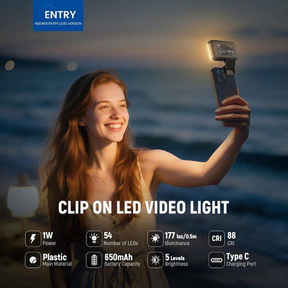 NEEWER Entry Level Version LED Selfie Light, 54 LEDs Plastic Clip on Phone Fill Lighting for iPhone, CRI88 650mAh, Portable for Computer Laptop Webcam Zoom Video Conference Makeup Recording, N8