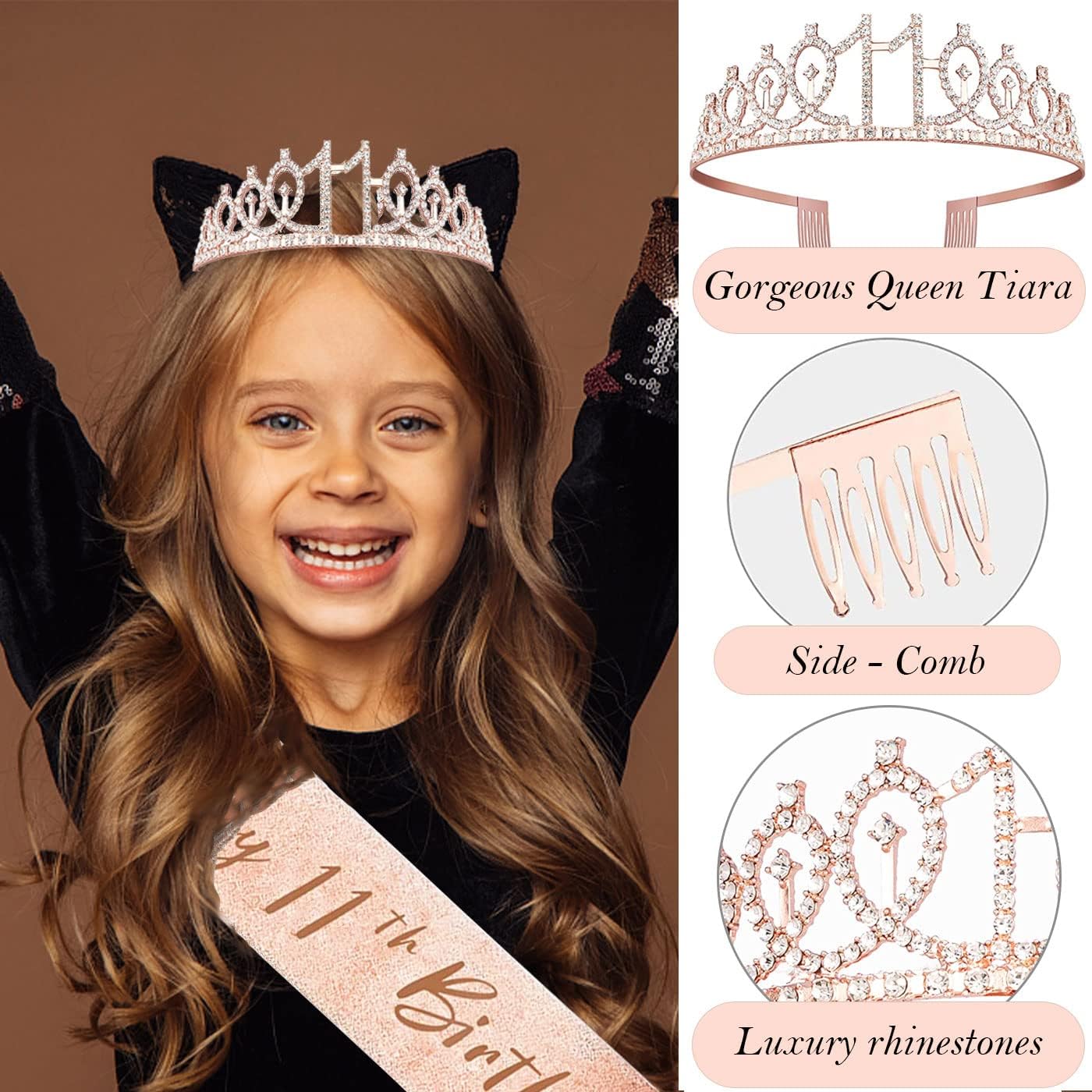 8pcs 40th Birthday Decorations gifts for Women, Including 40th Happy Birthday Cake Topper, Queen Sash with Pearl Pin, Sweet Rhinestone Tiara Crown for Women, Number Candles and Balloons (Rose Gold)