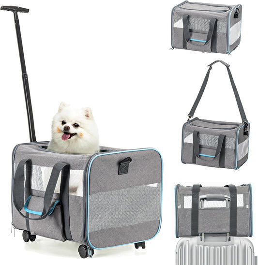 UNICITII Pets Carrier for Small Cat, Dog Medium Cats Puppies up to 20 Lbs, Airline Approved Carrier Soft Sided, Collapsible Travel Puppy Carrier (Grey-with Wheels)