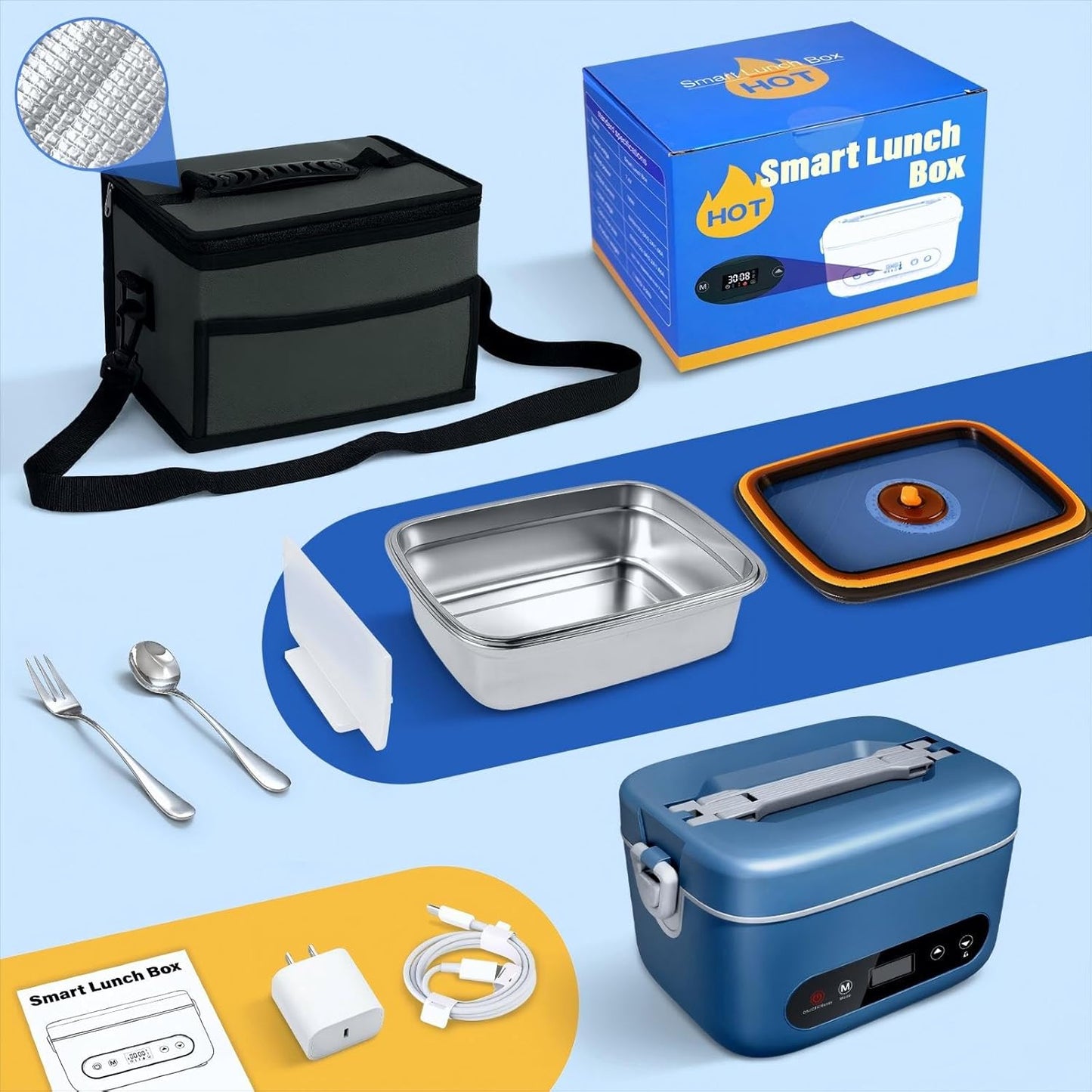 Cordless Electric Lunch Box,100W Self Heating Lunch Box,5 Cups Heated Lunch Box for Men,Multi-Mode Automatic Heating,Suitable for Office/Outdoor Use,Comes with an Insulated Bag and Utensils