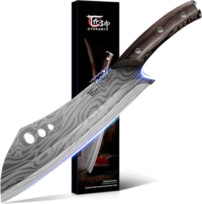 SYOKAMI Meat Cleaver Chef Knife, 7.7 Inch Multifunction Butcher Knife with Herb Stripper and Sheath, Chinese Cleaver Heavy Duty Bone Chopper, Meat Cutting, Damascus Pattern Full Tang Wood Handle