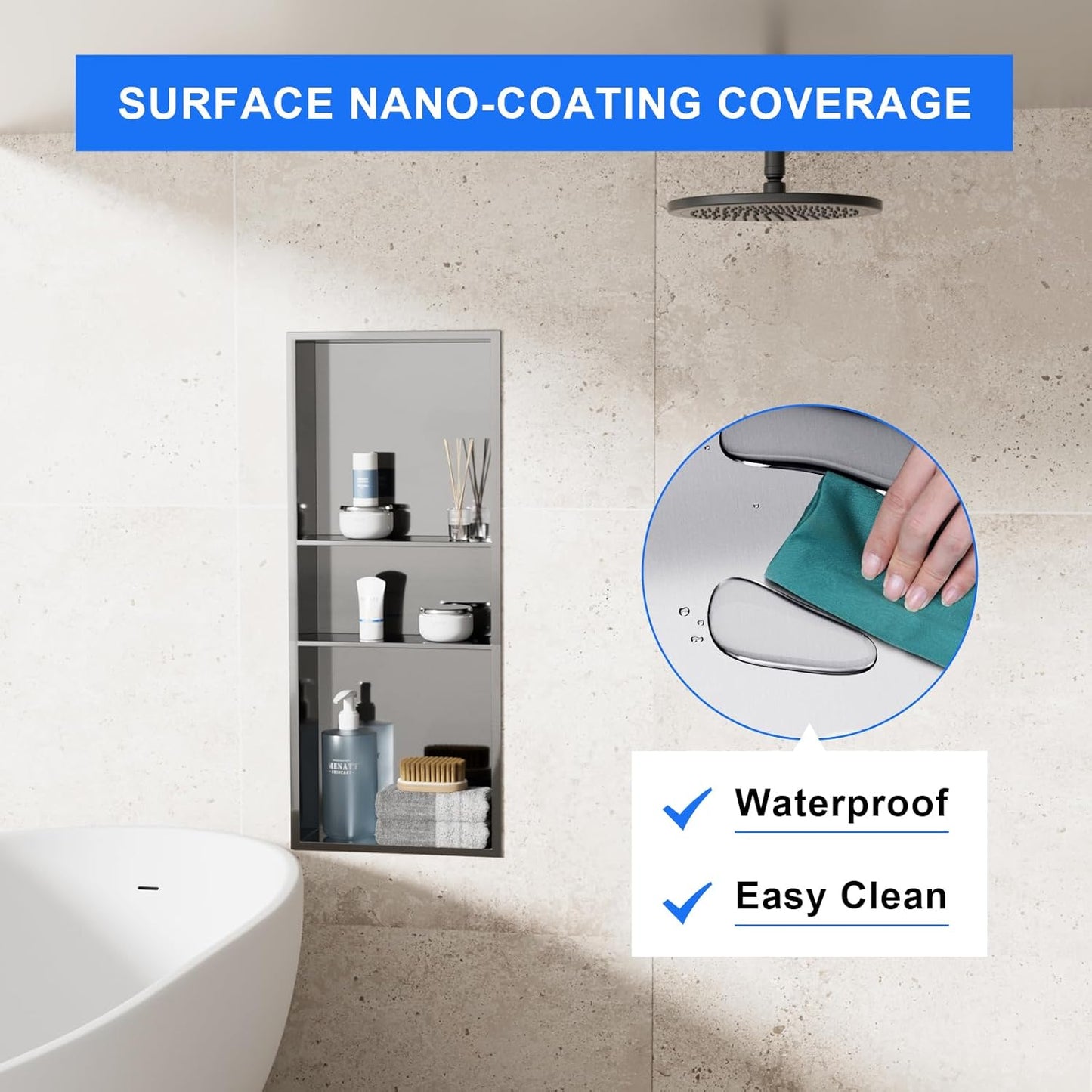 MENATT No Tile Shower Niche, Stainless Steel Wall Niche 13"X19"(Inner Size 12"X18"), Two-Tier Bathroom Shelf, NO Tile Needed Recessed Niche Shower for Bathroom Storage, Black