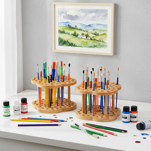 360 Degree Rotating Bamboo Paint Brush Organizer Set, Large Capacity Art Supply Holder with 53 Holes, Tabletop Brush Display and Drying Stand (2 Pack)