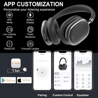 T-fun NC95 Hybrid Active Noise Cancelling Headphones with Knob Control, 65H Playtime Over Ear Headphones Wireless Bluetooth 5.3, App Control, Hi-Res Audio, Comfort Fit, Clear Calls for Travel/Workout