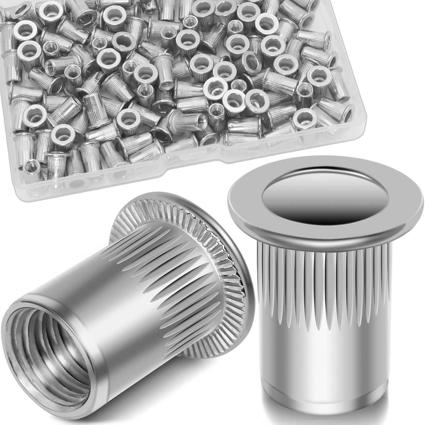 Vifmy Metric & SAE Rivet Nut Assortment Kit(420 Pcs),m3 m4 m5 m6 m8 m10 m12#6-32#8-32#10-24 1/4"-20 5/16"-18 3/8"-16 UNC Flat Head Rivnut Set,Zinc Plated Finish Carbon Steel Nutsert