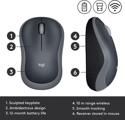 Logitech M185 Wireless Mouse, 2.4GHz with USB Mini Receiver, 12-Month Battery Life, 1000 DPI Optical Tracking, Ambidextrous, Compatible with PC, Mac, Laptop - Black