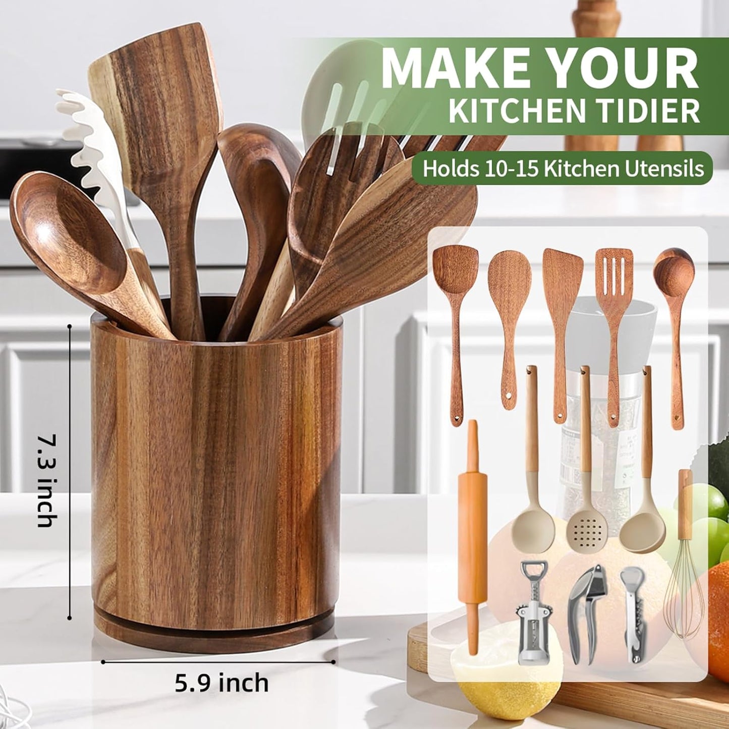 Wooden Utensil Holder | Rotating Utensil Organizer | Kitchen Counter Storage Crock | Farmhouse Countertop Decor | Cooking Utensil Stand - PuriLite