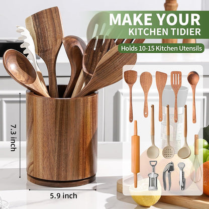 Wooden Utensil Holder | Rotating Utensil Organizer | Kitchen Counter Storage Crock | Farmhouse Countertop Decor | Cooking Utensil Stand - PuriLite