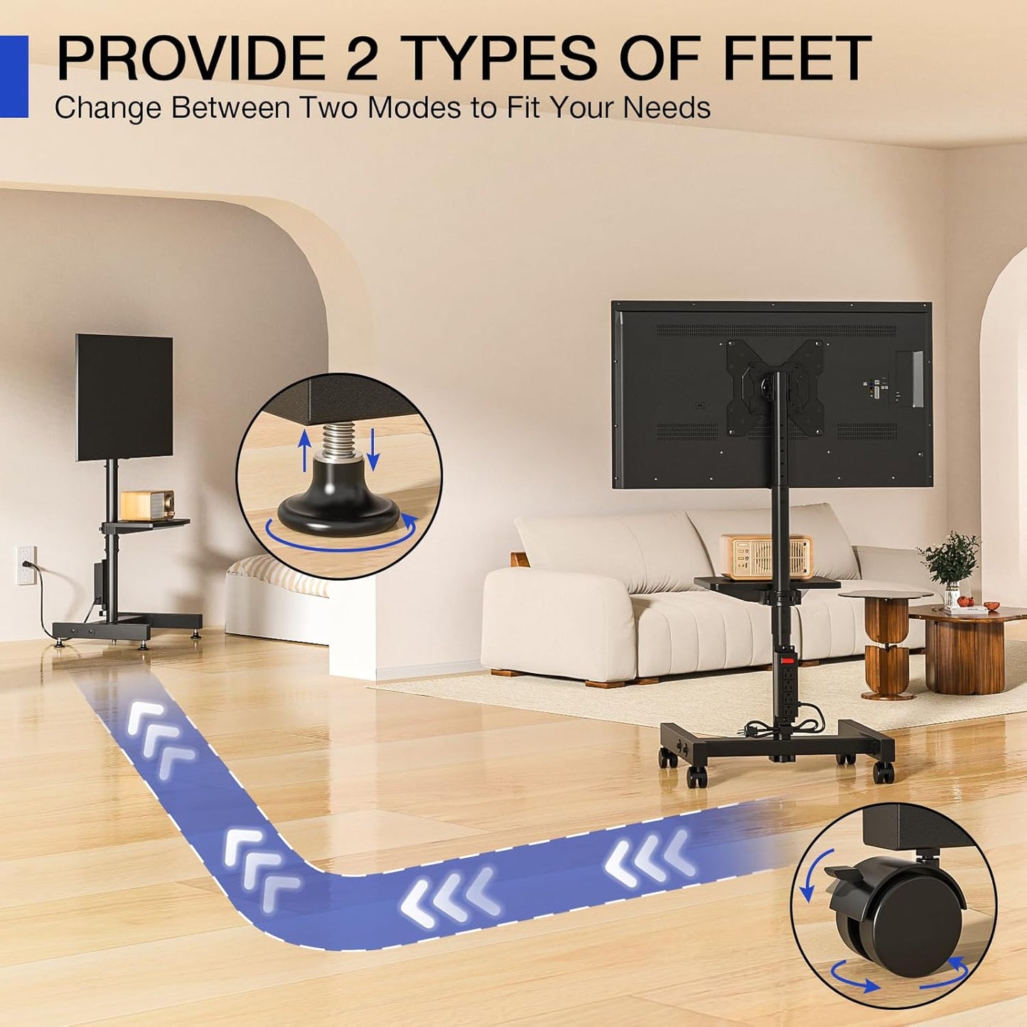 Rfiver Mobile TV Stand with Power Outlet, Rolling TV Stand for 13-50 Inch LCD LED Flat Panel Curved Screen, Tilting and Rotating Mount, Portrait to Landscape, Holds up to 55lbs, Max VESA 200x200mm