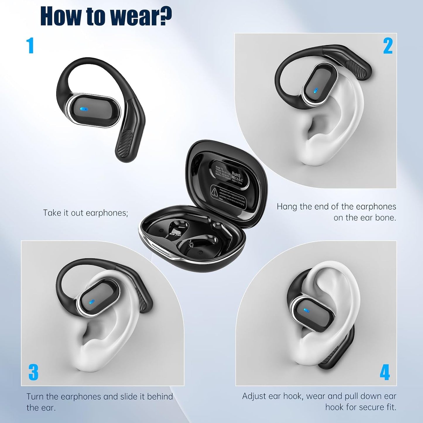 Wireless Earbuds Bluetooth 5.4 Headphones, IPX7 Waterproof Stereo Earphones with Noise Cancelling Mic, Open Ear Buds with Ergonomic Ear Hook for Fitness/Sports/Travel (Black)