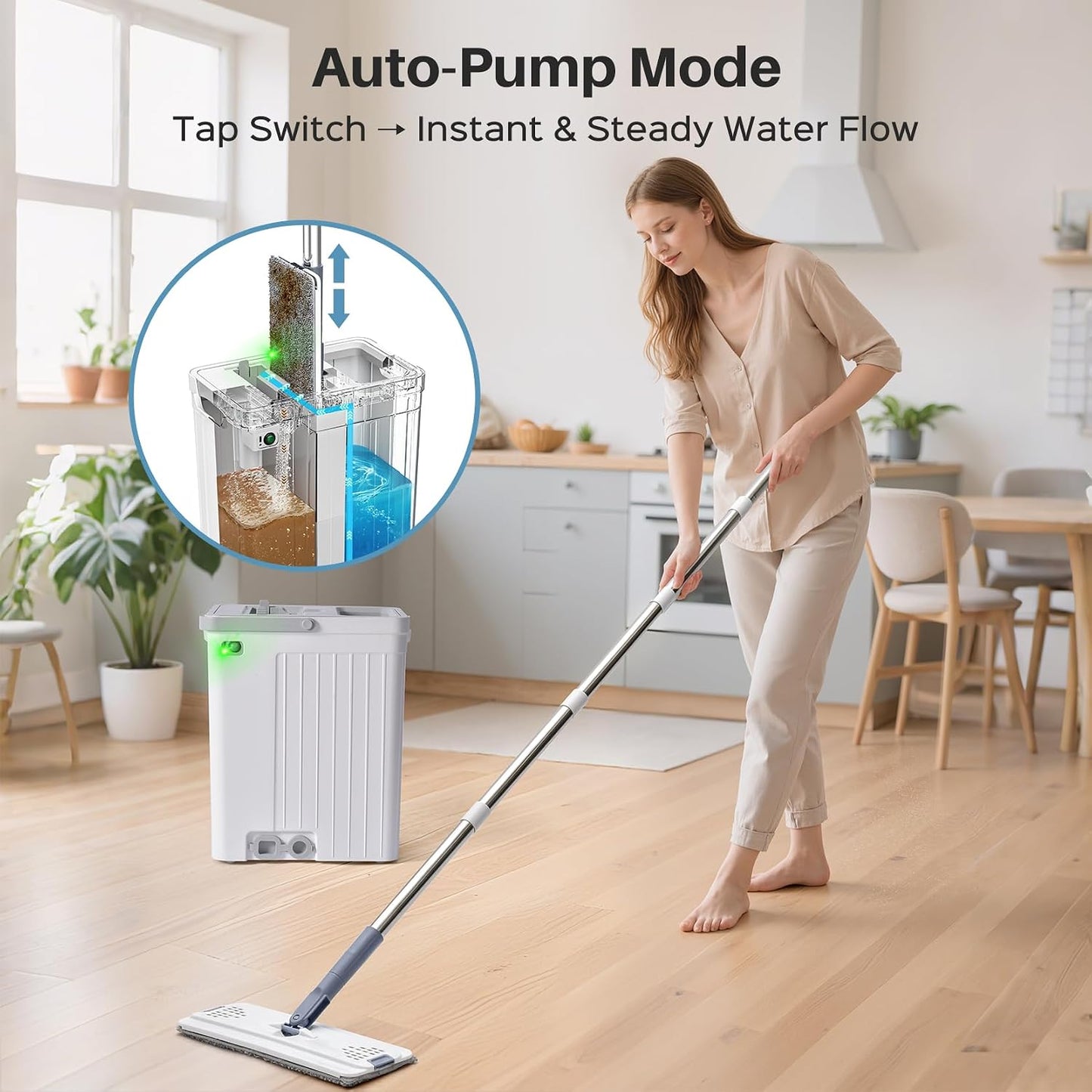 Mop and Bucket Set with AUTO Pump, 3-Zone Separate Dirty and Clean Water, Flat Mop and Bucket System with Wringer and Wheels, 4 Reusable Microfiber Pads, One-Touch Water Filling for Home Cleaning