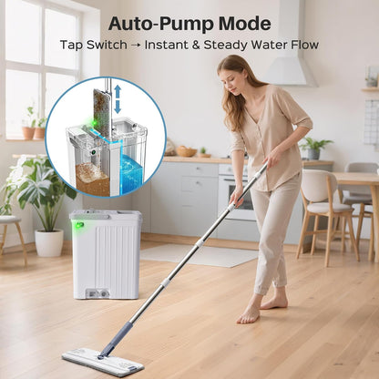 Mop and Bucket Set with AUTO Pump, 3-Zone Separate Dirty and Clean Water, Flat Mop and Bucket System with Wringer and Wheels, 4 Reusable Microfiber Pads, One-Touch Water Filling for Home Cleaning