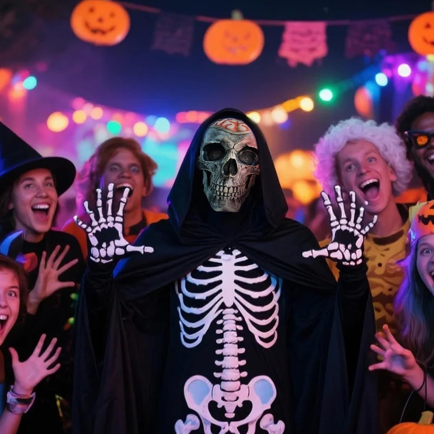 Halloween Skull Mask, Full Head Skeleton Headgea with Movable Mouth, Latex Skeleton Props, Deluxe Latex Helmet Cosplay Party