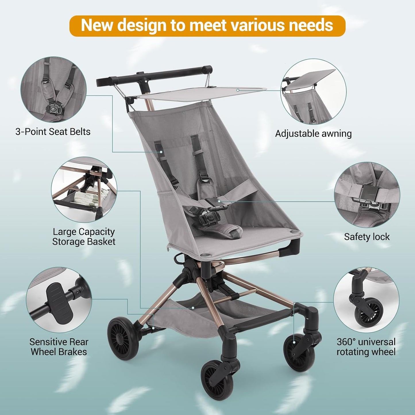 Lightweight Baby Travel Stroller, 8.4 Lbs Compact Airplane Friendly Stroller, One-Hand Quick Fold Design, Breathable Fabric with UPF 50+ Sun Canopy, Overhead Bin Compatible Portable Car for Infants & Toddlers,Grey