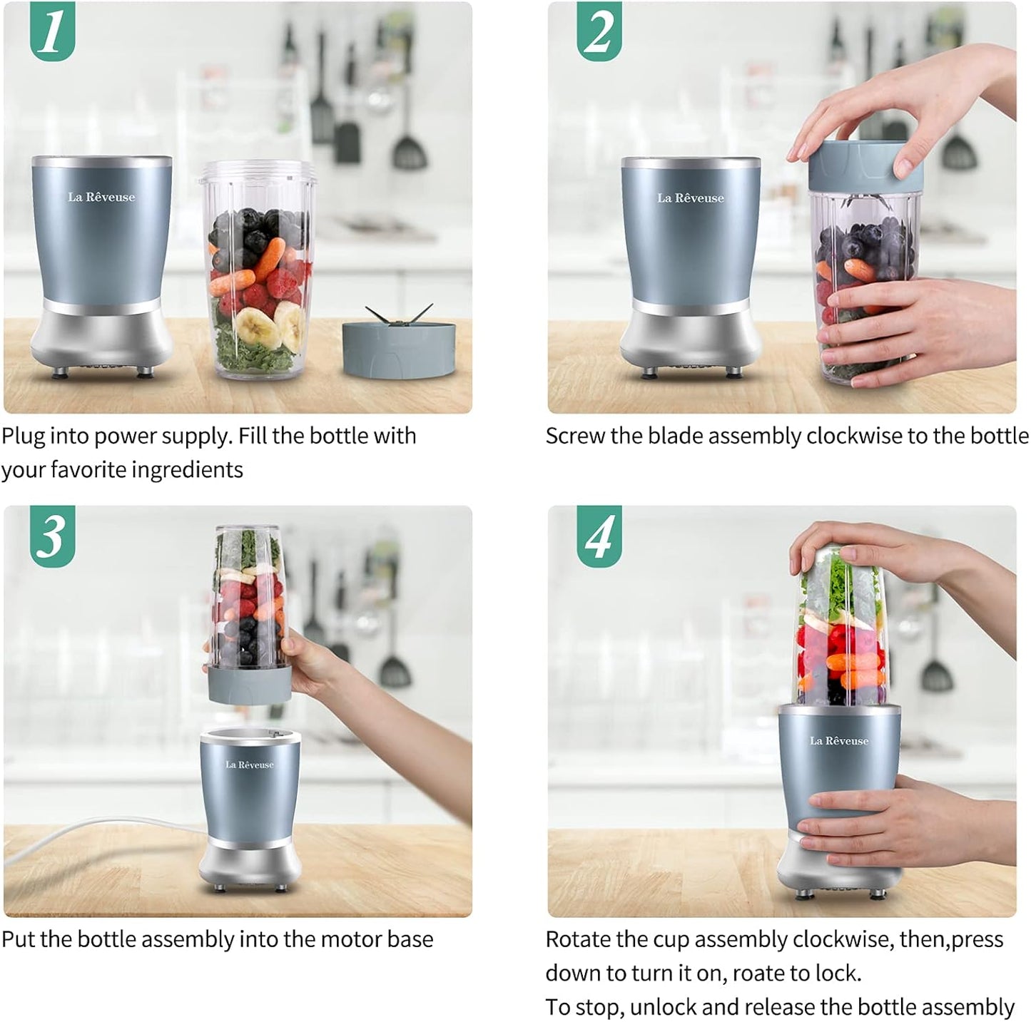 La Reveuse Personal Size Blender 250 Watts Power for Shakes Smoothies Seasonings Sauces with 1 Piece 15 oz Cup,1 Piece 10 oz Mug,BPA Free (Black)