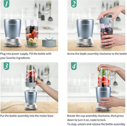 La Reveuse Personal Size Blender 250 Watts Power for Shakes Smoothies Seasonings Sauces with 1 Piece 15 oz Cup,1 Piece 10 oz Mug,BPA Free (Black)