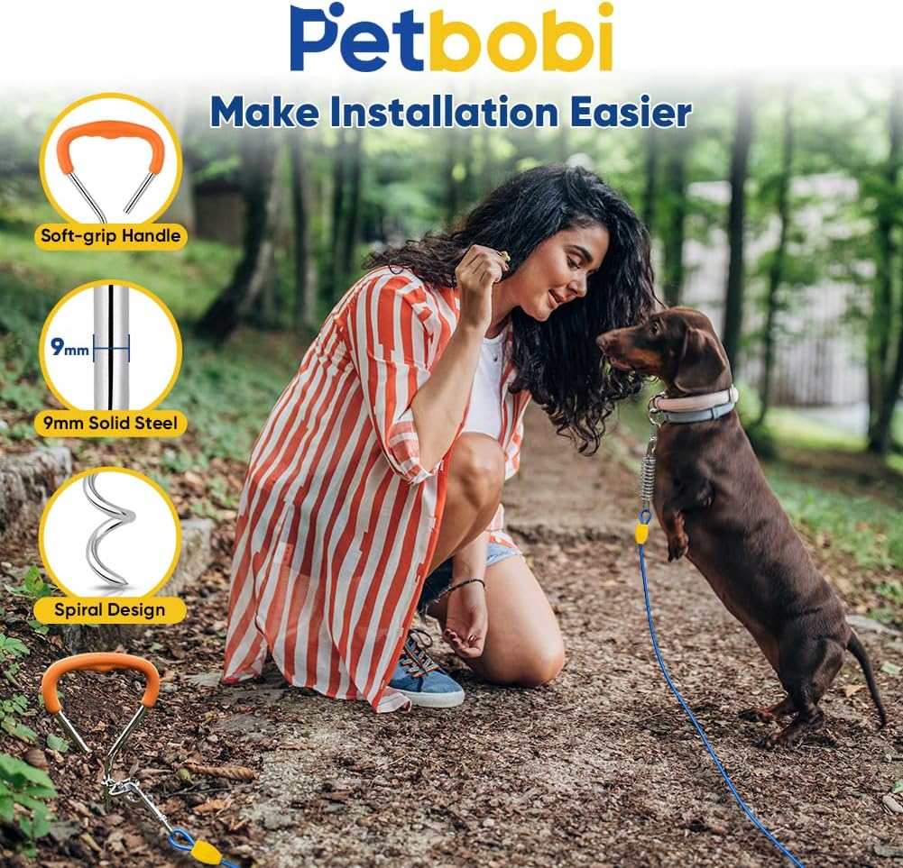 Petbobi Dog Tie-Out Cable and Stake - 30ft Heavy Duty Cable with Spring, No Tangle, 16in Ground Stake, Ideal for Yard, Camping and Beach, Suitable for Small Medium Large Dogs Up to 120 lbs, Blue