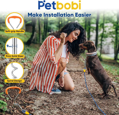 Petbobi Dog Tie-Out Cable and Stake - 30ft Heavy Duty Cable with Spring, No Tangle, 16in Ground Stake, Ideal for Yard, Camping and Beach, Suitable for Small Medium Large Dogs Up to 120 lbs, Blue