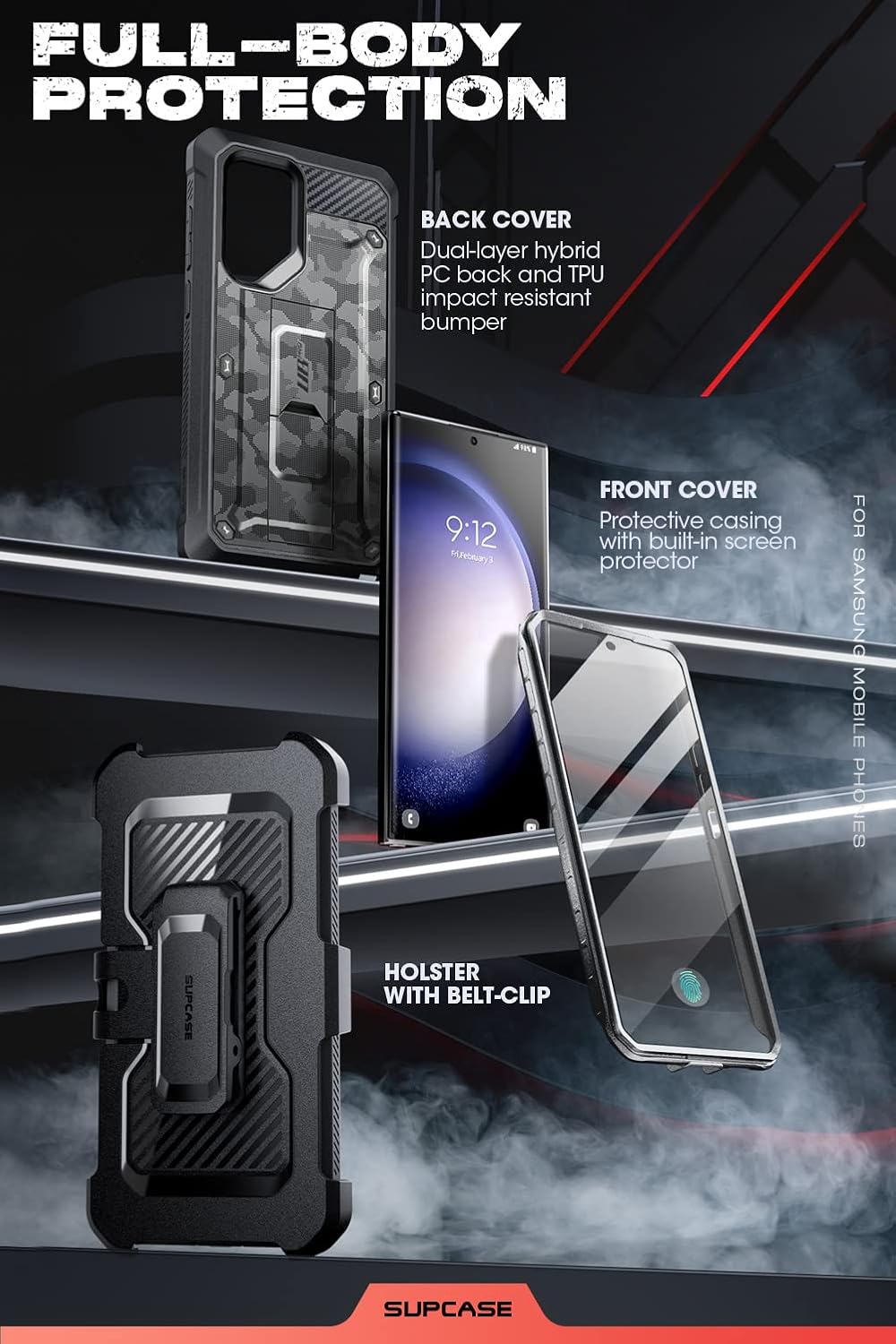 SUPCASE Unicorn Beetle Pro Case for Samsung Galaxy S23 Ultra 5G (2023), [Extra Front Frame] Full-Body Dual Layer Rugged Belt-Clip & Kickstand Case with Built-in Screen Protector (Black)