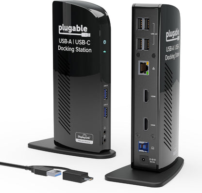 Plugable USB 3.0 Universal Laptop Docking Station Dual Monitor for Windows and Mac, USB 3.0 or USB-C, (Dual Video: HDMI and HDMI/DVI/VGA, Gigabit Ethernet, Audio, 6 USB Ports)