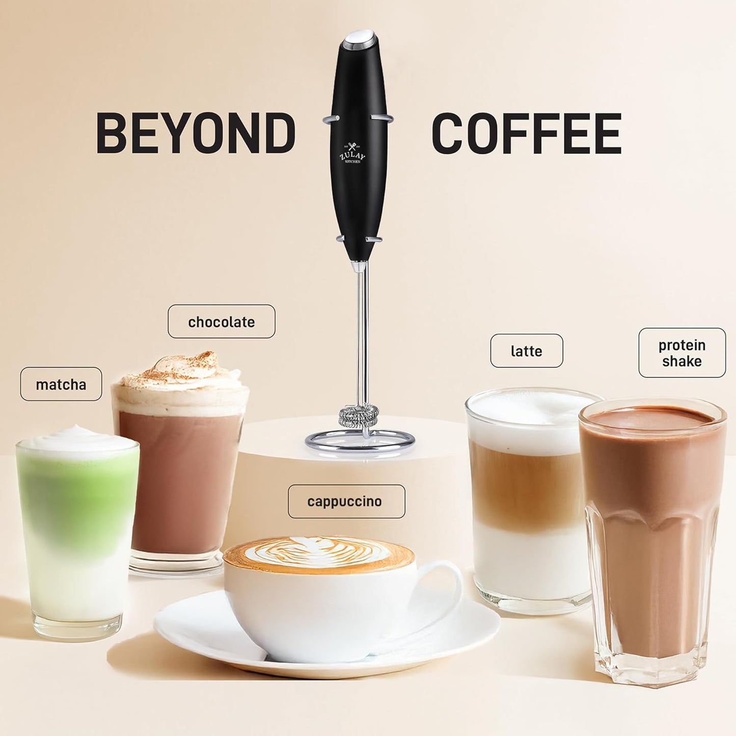 Zulay Kitchen Powerful Double Whisk Milk Frother Handheld - Foam Maker with Stand - Whisk Drink Mixer for Coffee, Mini Foamer for Latte, Matcha, Frappe, Hot Chocolate & Cappuccino (Black)