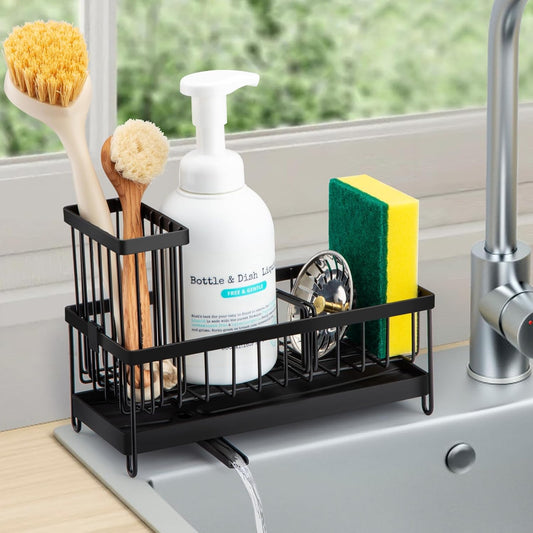 Sinnsally Kitchen Sink Caddy Organizer – Stainless Steel Sponge, Soap & Brush Holder – Rotatable, Multi-Compartment Countertop Organizer for Kitchen, Bathroom & Workspace