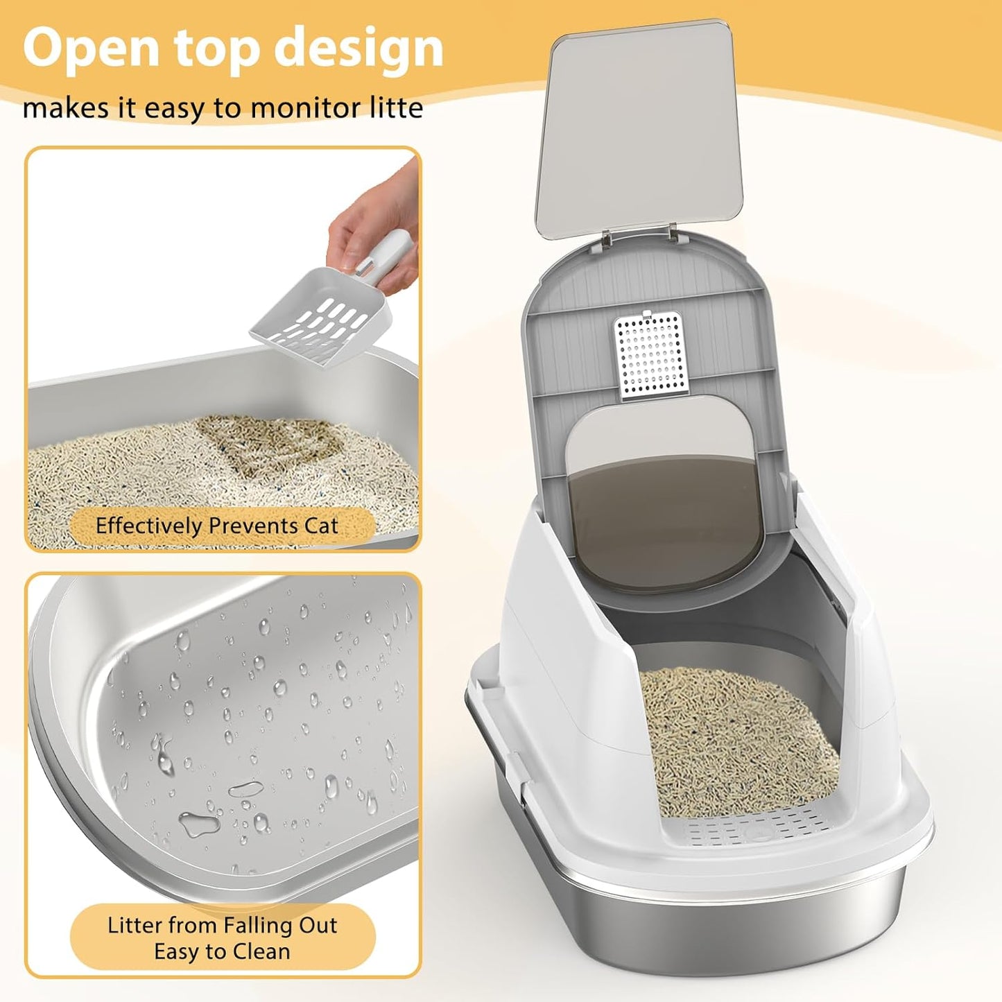OGEMXU Stainless Steel Litter Box with Lid, Top Entry Covered Kitten Litter Box, Enclosed Litter Tray for Easy Cleaning & Odor Control, Includes Scoop and Litter Mat, Gray