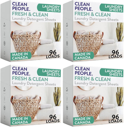 Clean People Laundry Detergent Sheets - Recyclable Packaging, Hypoallergenic, Stain Fighting - Ultra Concentrated, Laundry Soap - Fresh Scent, 96 Pack