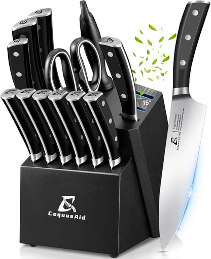 Knife Set with Block, Kitchen Chef Knives Set with Sharpener, Stainless Steel Knife Block Set, 6 Pcs Steak Knife Set Serrated, German Dishwasher Safe, Beveled Design Brown 15 Pieces
