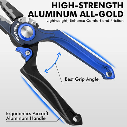 TRUSCEND Lockable Handy Fishing Pliers with Innovative Ergonomic Handle, Saltwater Corrosion Resistant Teflon Coated Fishing Tool, Multi-Function Fishing Gear with Mo-V Cutter, Amazing Fishing Gift